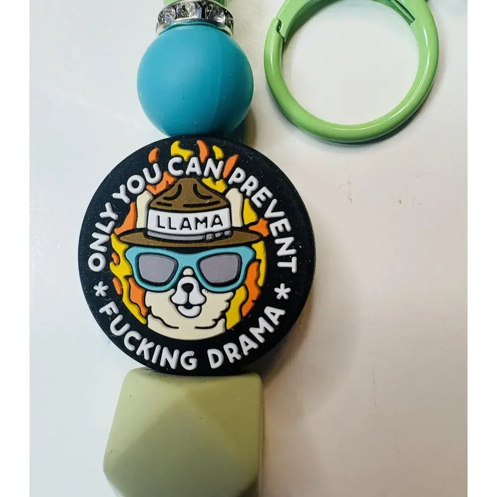 Handmade Turquoise & Green Silicone Bead Keychain – “Prevent Drama” Bear, 6” -vn
